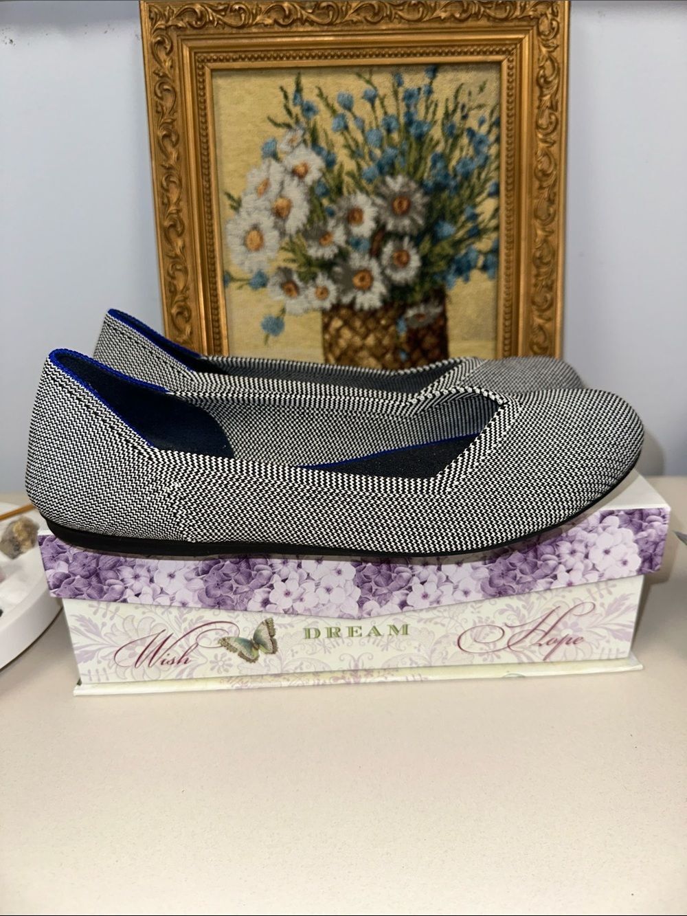 ROTHY’S Black White Blue Heel Stripe V toe Ballet Flats